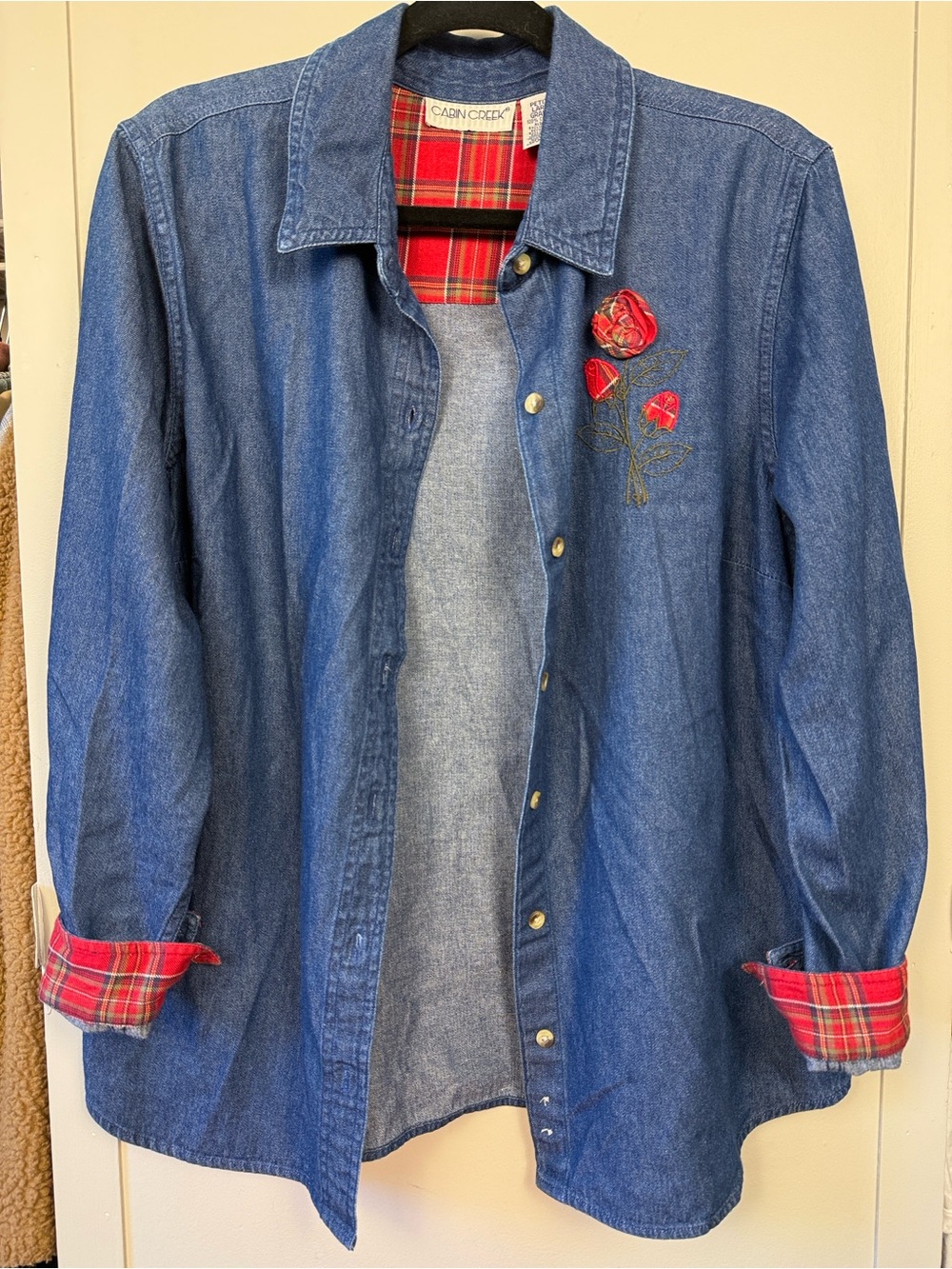 Vintage Cottagecore Embroidered Denim Jean Button Down with Gingham print